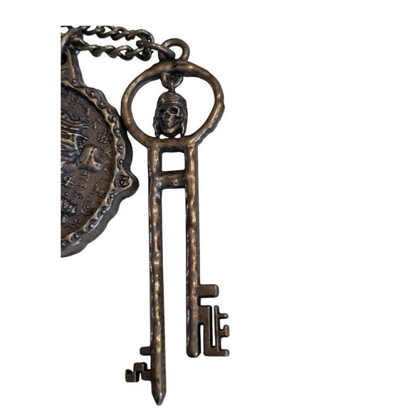 Official Disney The Pirates League Skull Medallion Skeleton Key Bronze Necklace - Picture 6 of 8